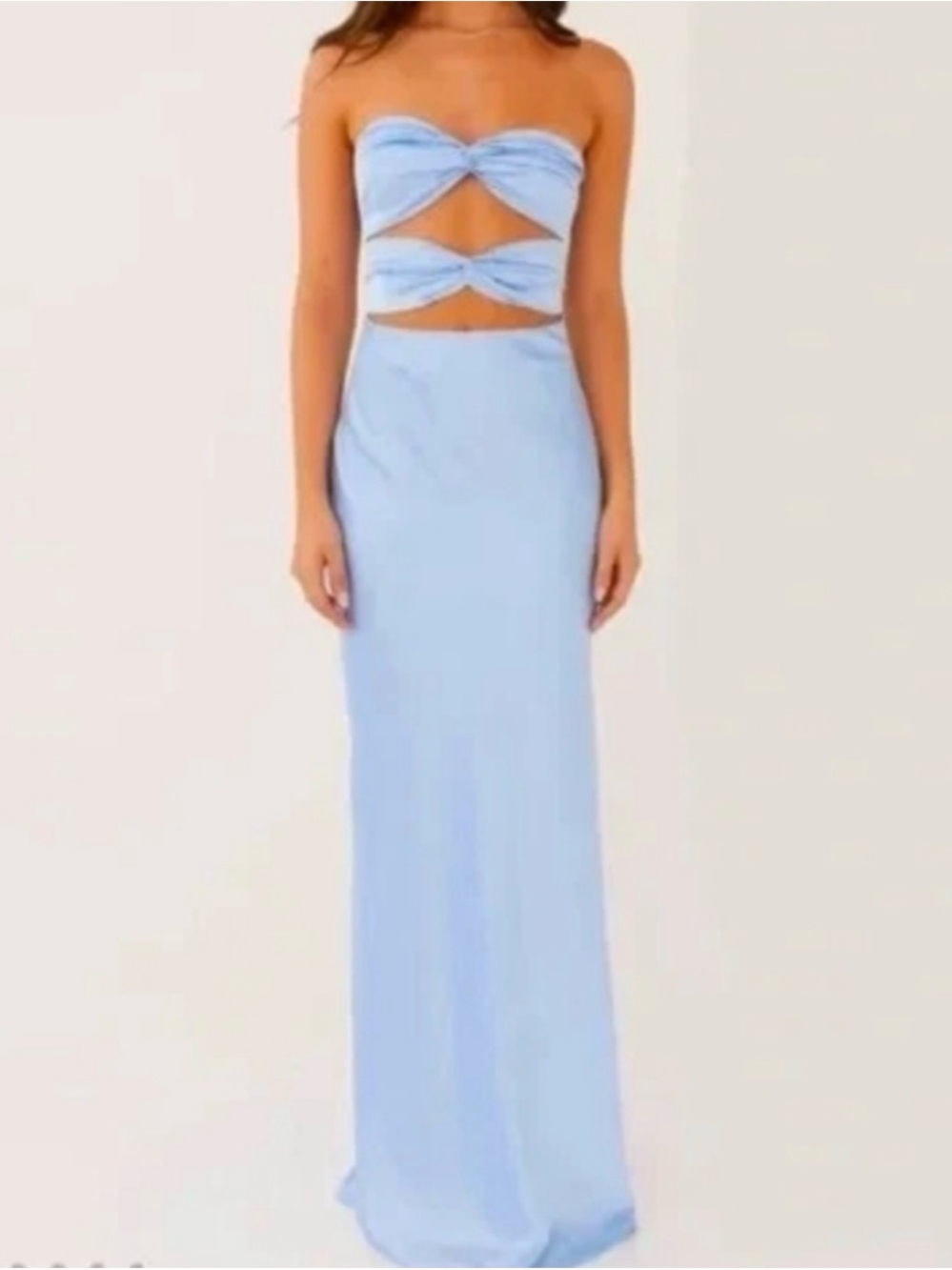 Peppermayo Pale Blue Strapless Twist Cutout Maxi Dress